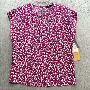 NWT Halogen Nordstrom Blouse Ivory Purple Floral Petals Round Neck Cap Sleeves S